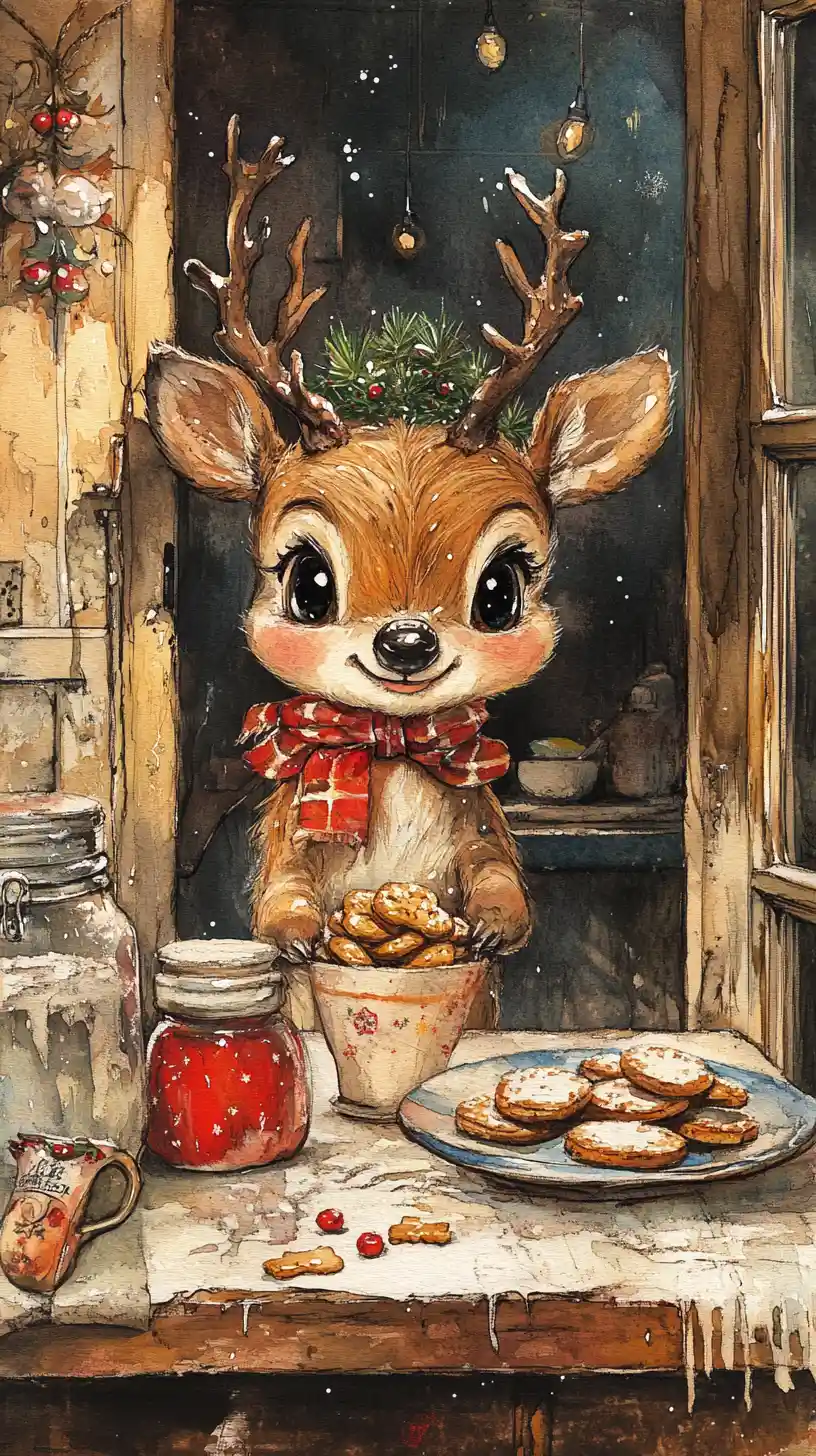 Cute Christmas reindeer sorting cookies in cozy kitchen