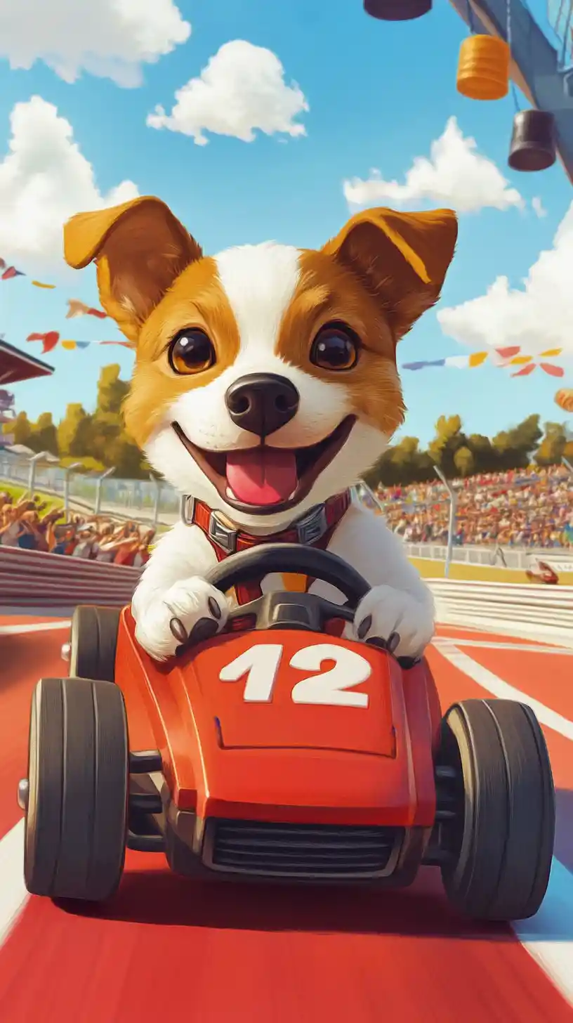 Süßer Hund fährt ein Spielzeugauto auf der Rennstrecke
