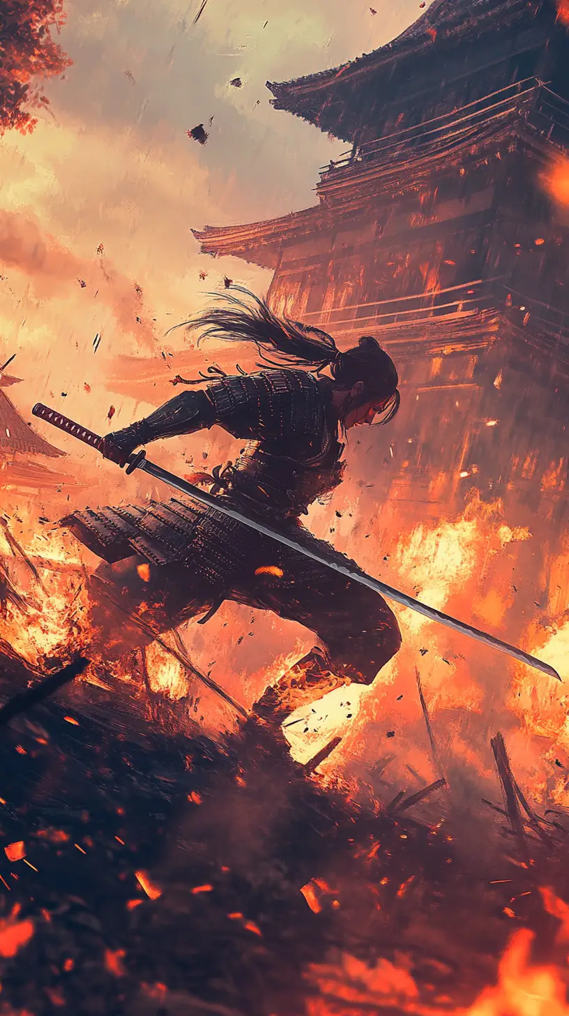 Samurai woman leaping through a burning village battle
