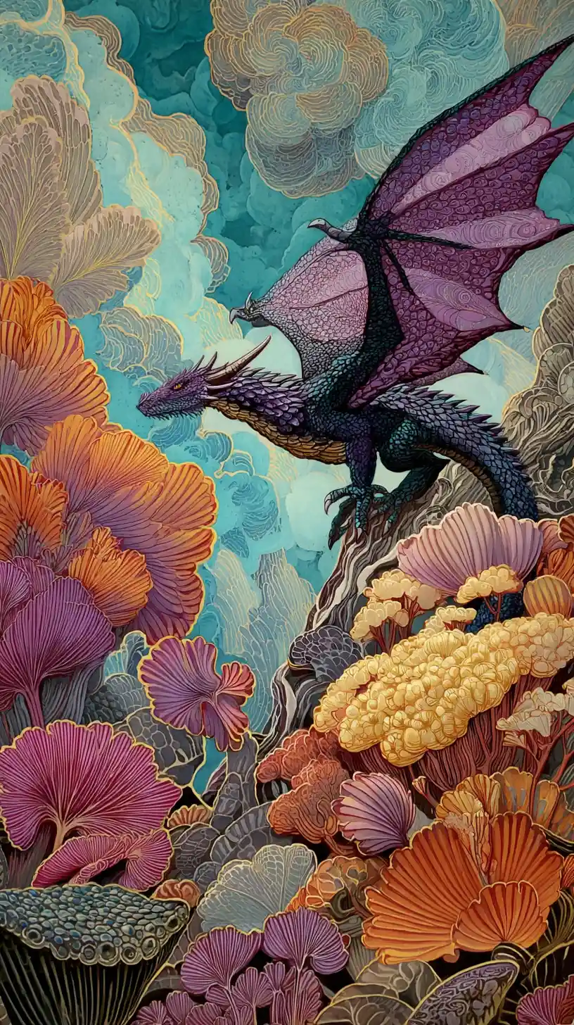 Purple and black dragon in a fantastical dreamlike landscape