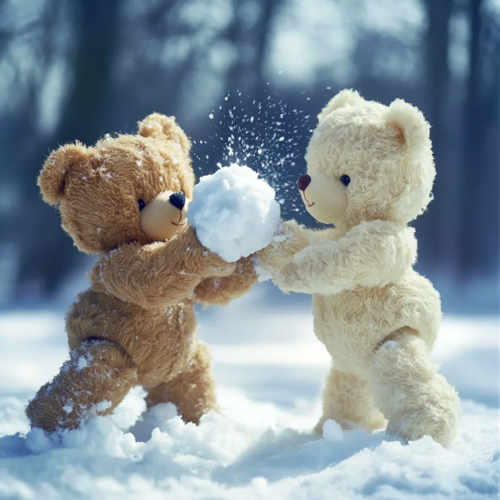Two teddy bears playing in a close up snowball fight