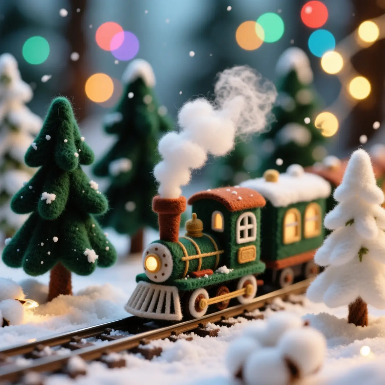 Cozy Felt Miniature Train In Winter Forest Scene