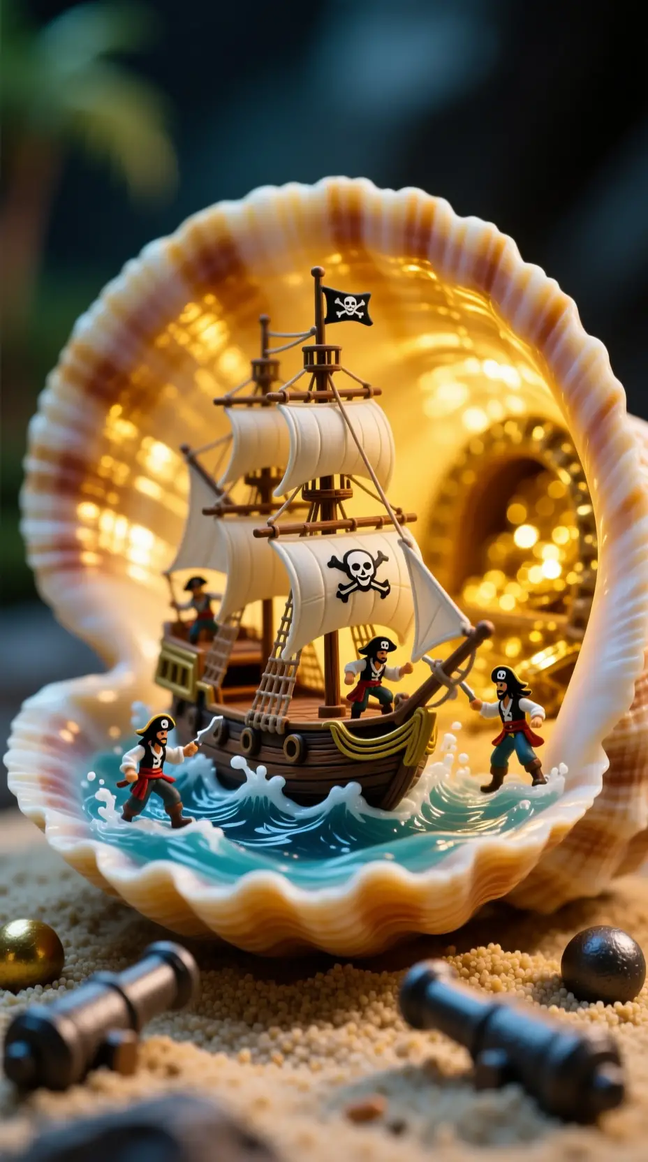 Macro pirate ship inside glowing spiraled seashell