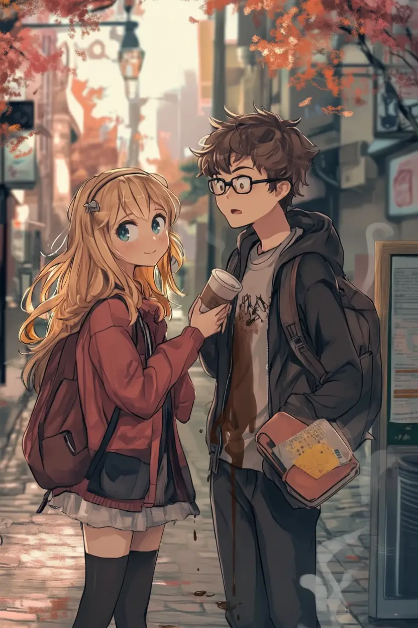 Cartoon couple in a cafe with a playful coffee spill