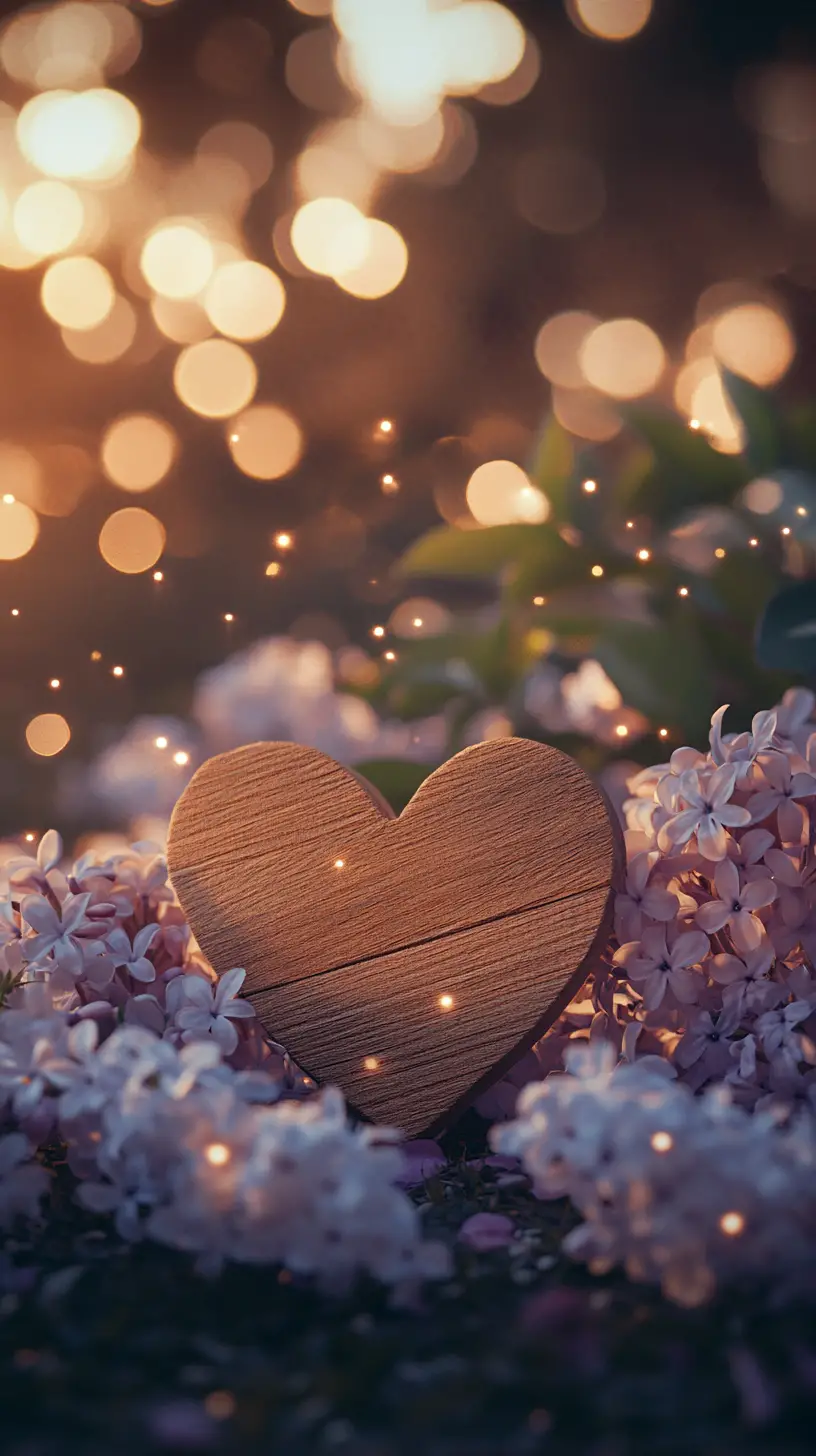 Lilac bouquet with wooden heart and glowing fireflies