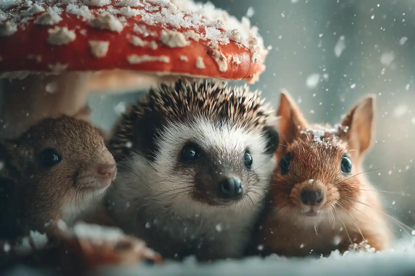 Forest animals sheltering under red mushroom in snowfall