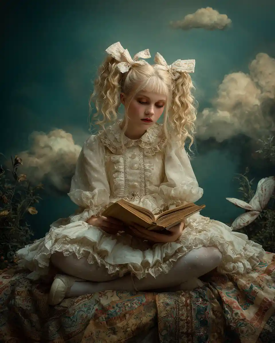 Ethereal woman reading by a surreal forest edge