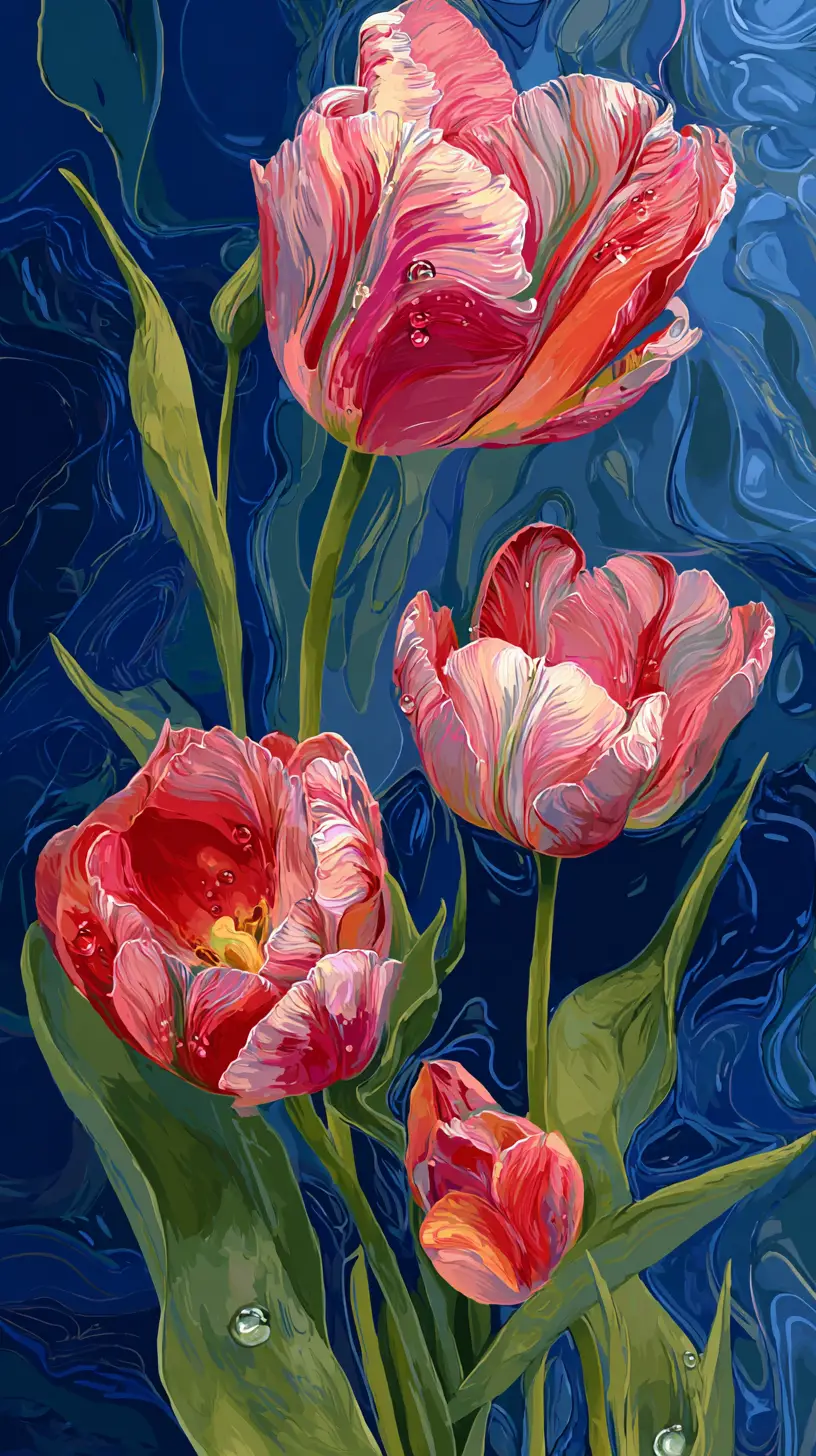 Vibrant tulips with water droplets on deep blue abstract background