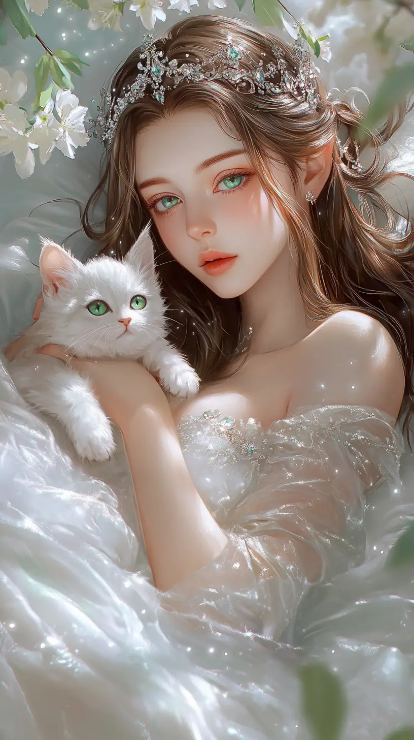 Ethereal woman with magical kitten on white satin bed