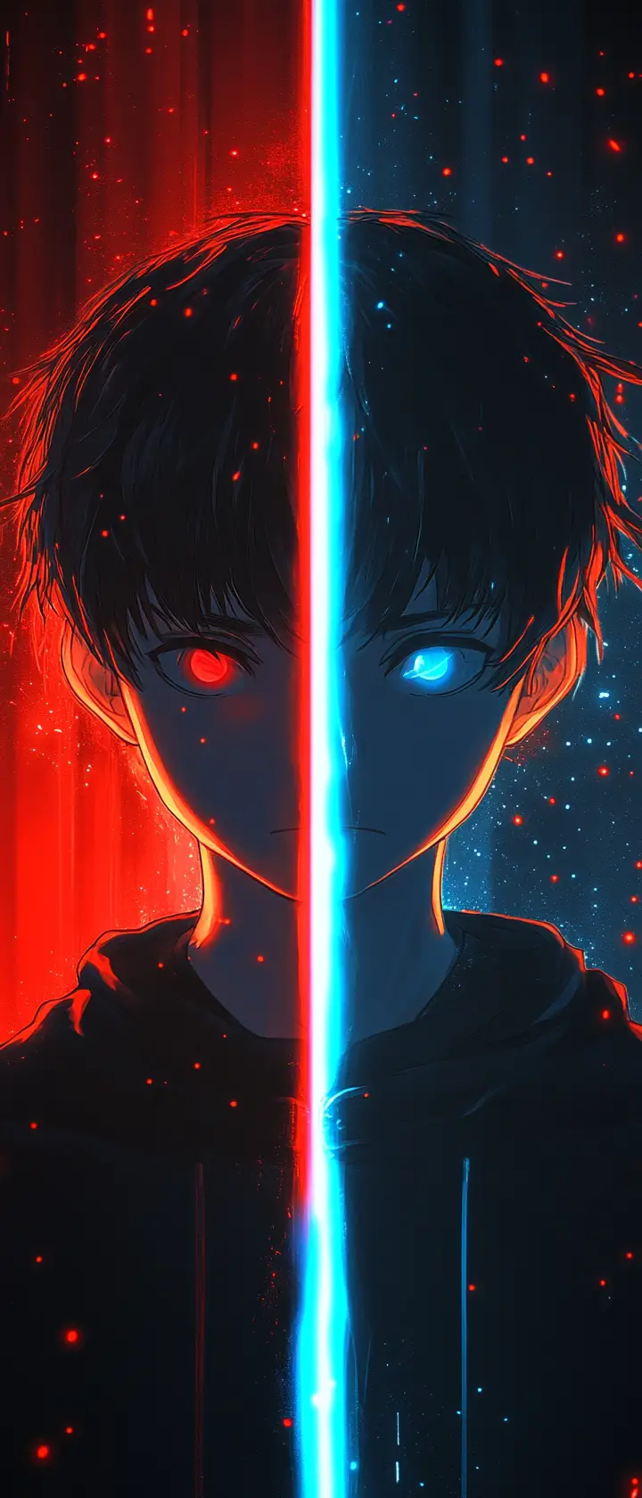 Anime-Held im Konflikt zwischen rotem Licht und blauer Aura