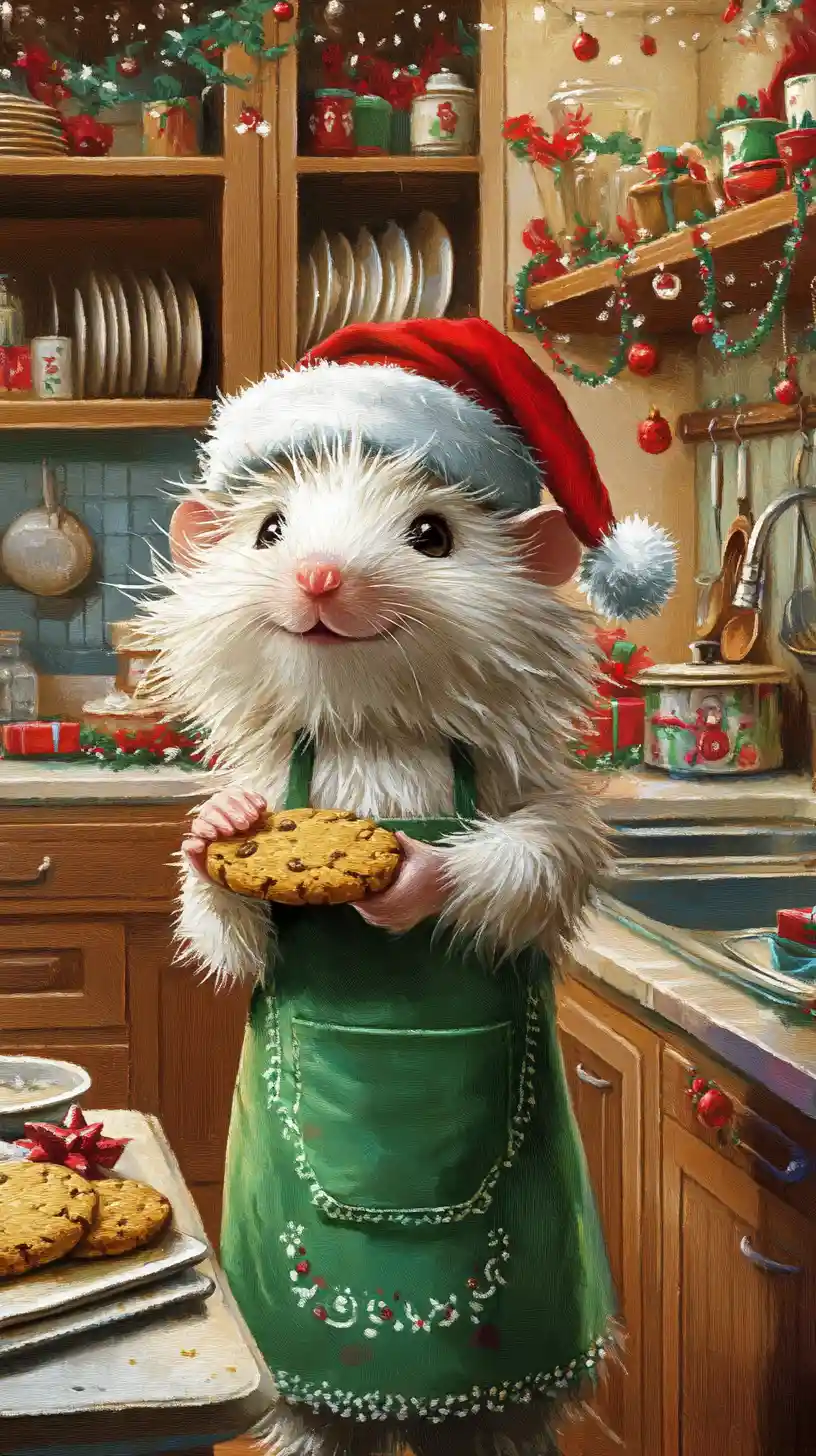 Cute white mouse in santa hat holding a cookie