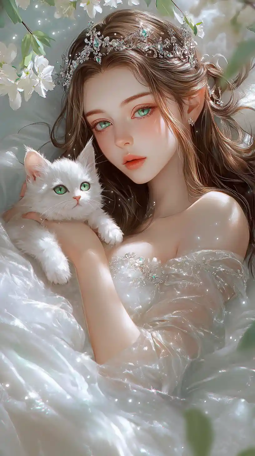 Ethereal woman with magical kitten on white satin bed