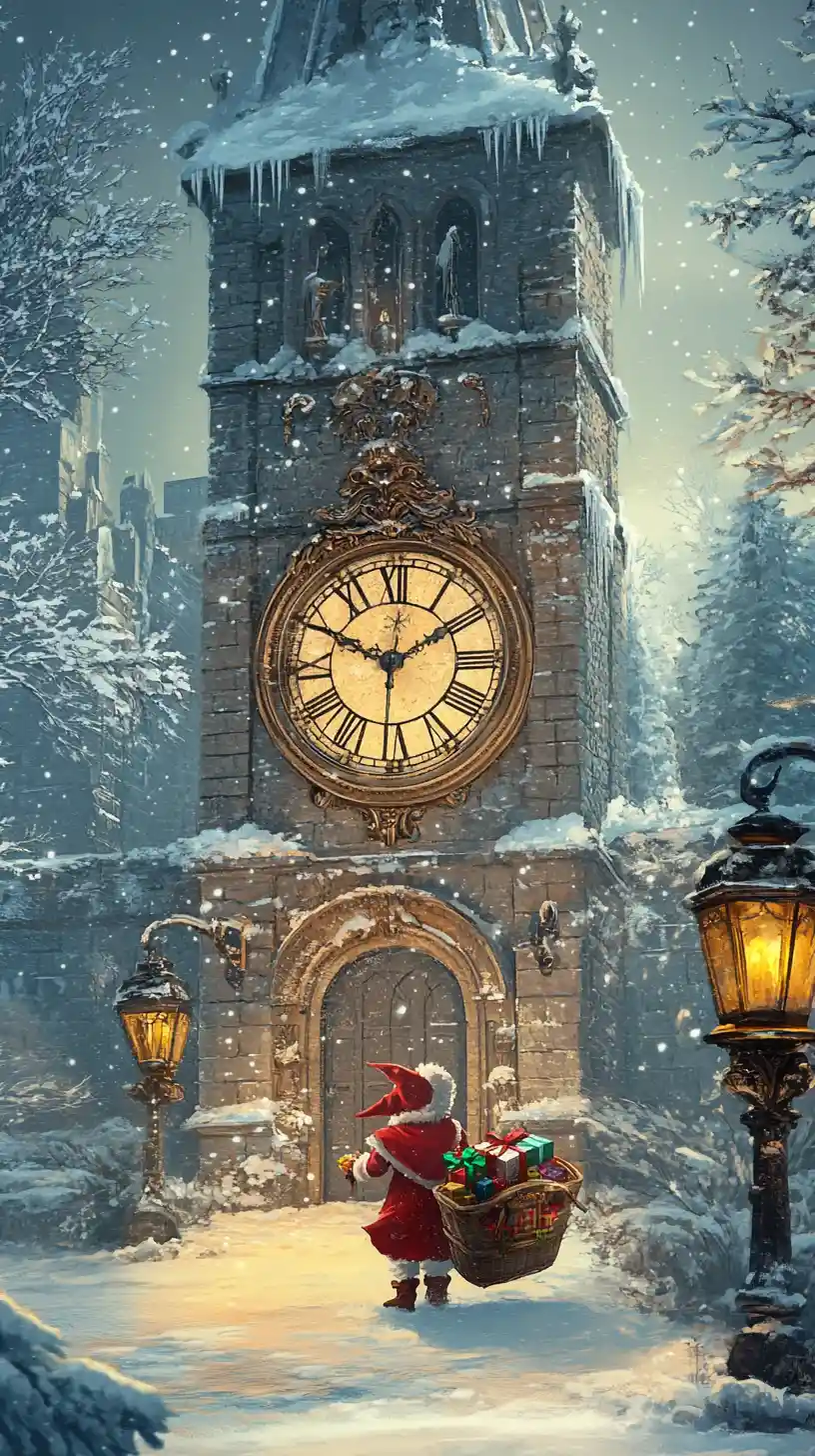 Christmas elf by a snowy clock tower in winter
