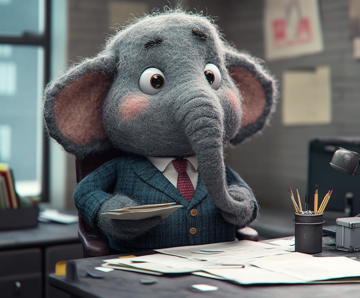 Felted cartoon elephant office worker in a corporate cubicle