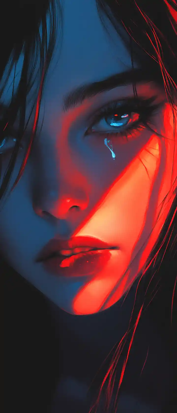 Anime portrait with split red and blue emotional lighting