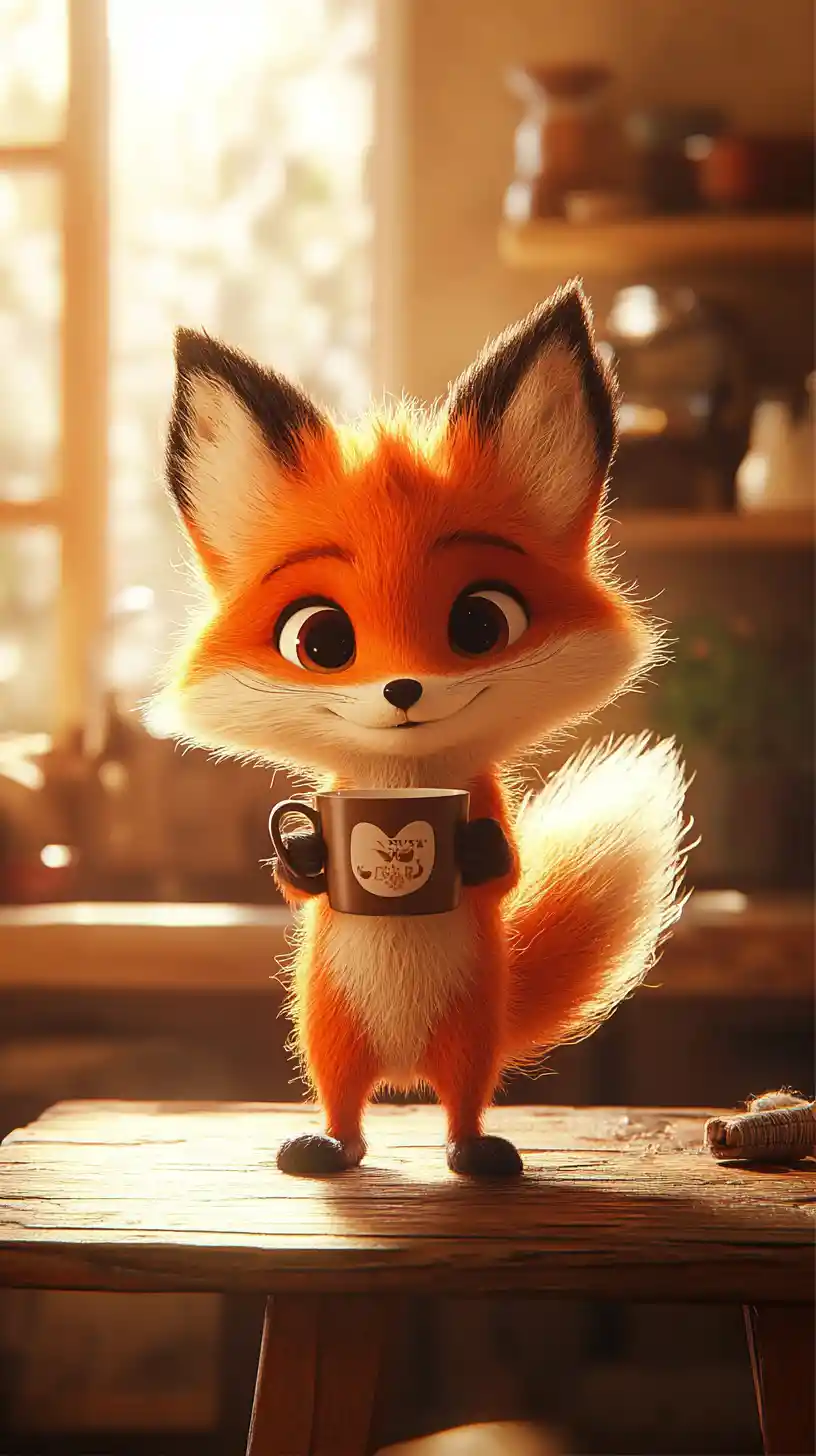Cute fluffy fox with hot cocoa in a cozy kitchen