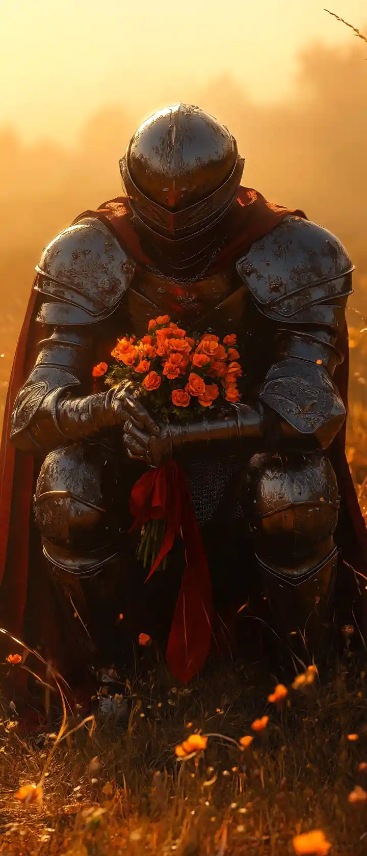 Ritter kniet mit orangefarbenen Blumen im Feld bei Sonnenuntergang