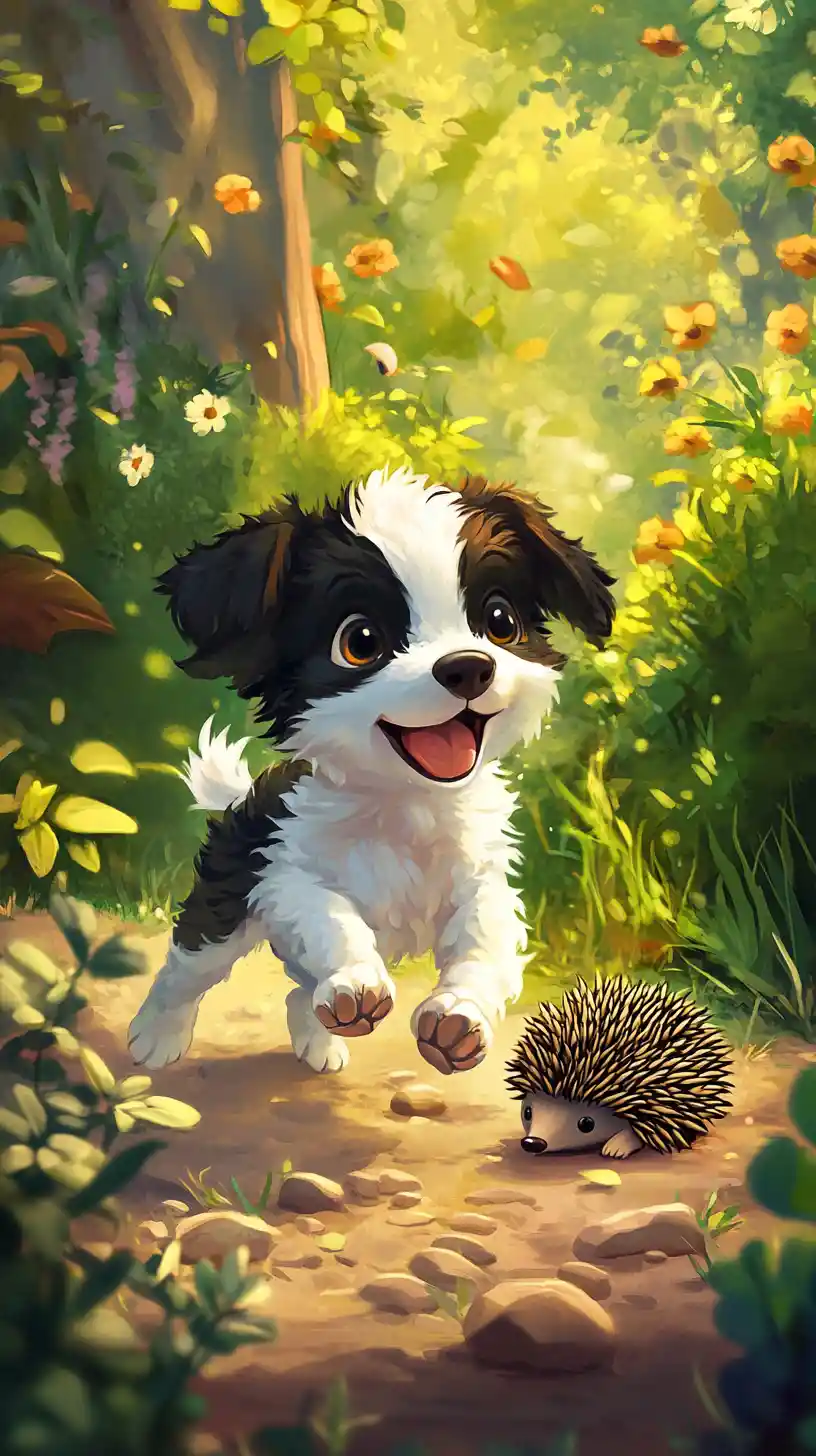 Playful puppy confronting a hedgehog in a bright garden