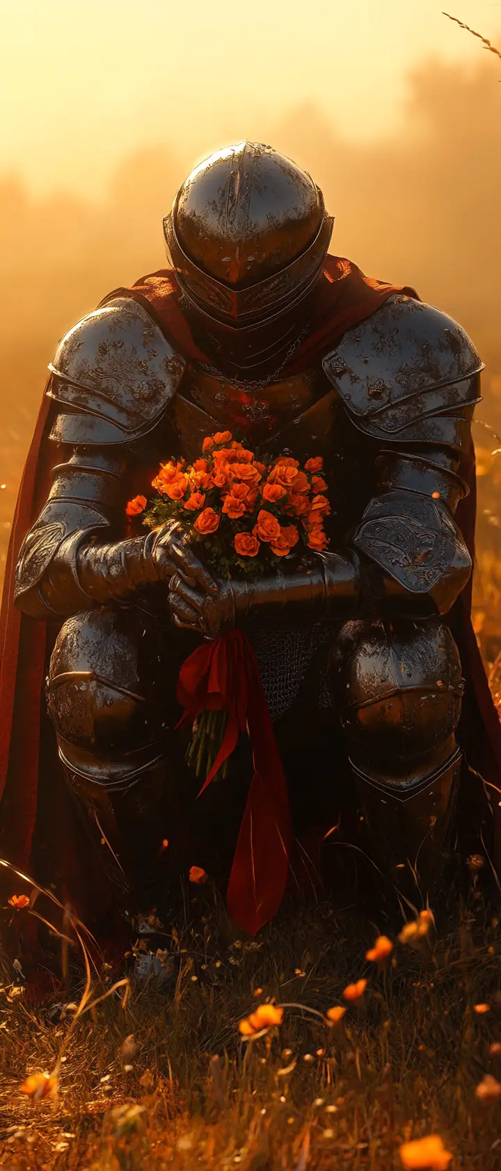 Knight Kneeling With Orange Flowers At Sunset In Field