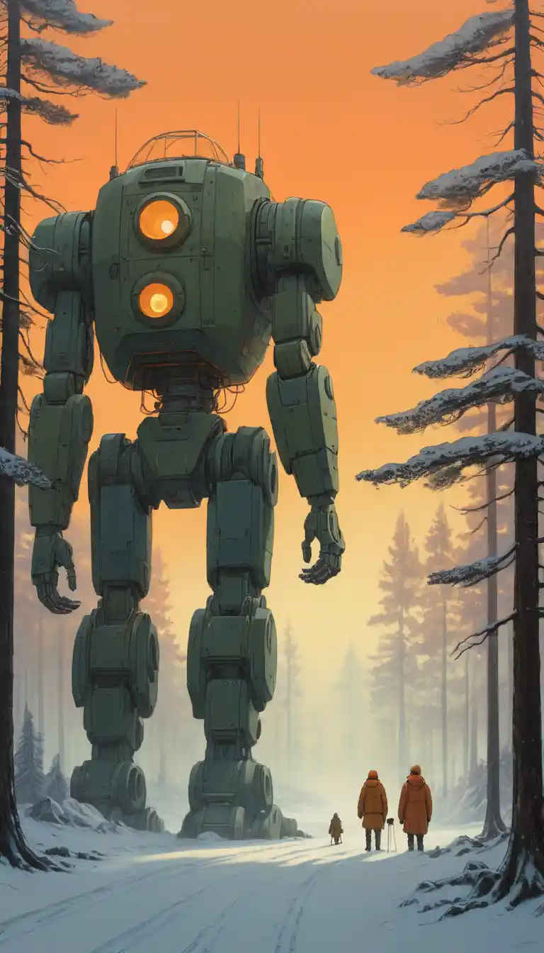 Colossal robots looming over a snowy forest road