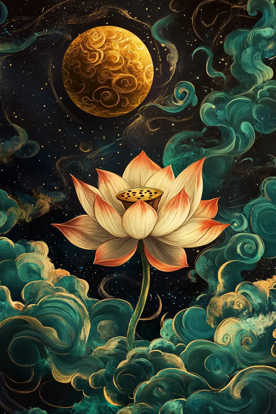 Surreal lotus flower floating among clouds and cosmic sky