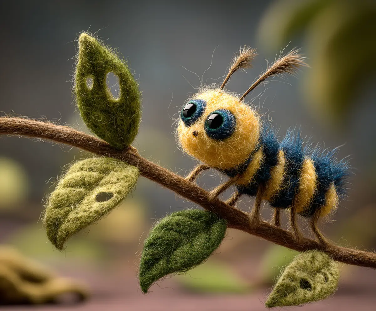 Cute felted caterpillar on a twig near a bitten leaf