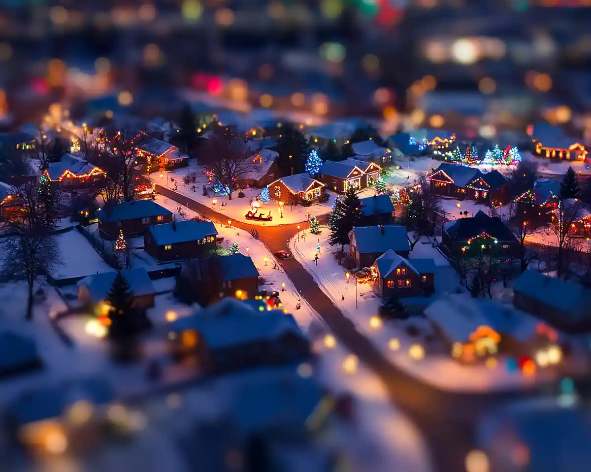 Snowy suburban neighborhood with glowing Christmas lights at night