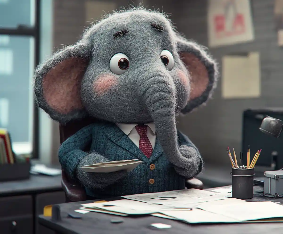 Felted cartoon elephant office worker in a corporate cubicle