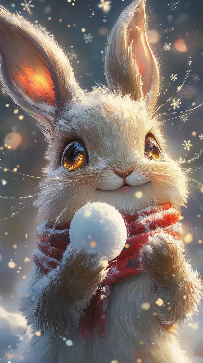 Playful magical rabbit preparing to throw a snowball