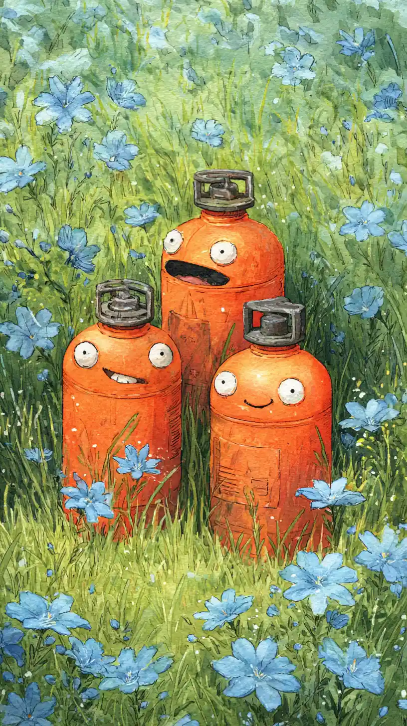 Cheerful Cartoon Gas Bottles In A Flower Meadow
