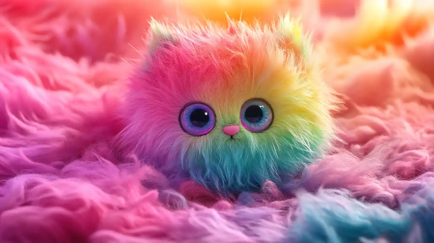 Colorful furry creature with big eyes on soft fluff