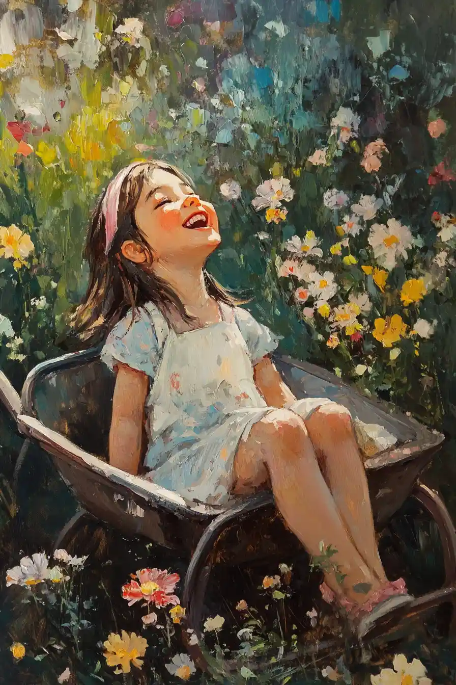 Laughing little girl sitting in a flower garden wheelbarrow