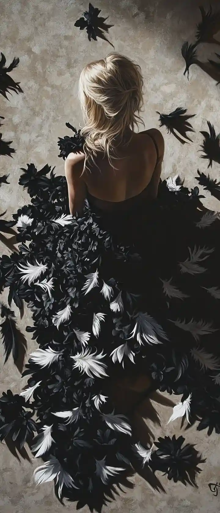Athletic blonde woman adorned with flowers and feathers