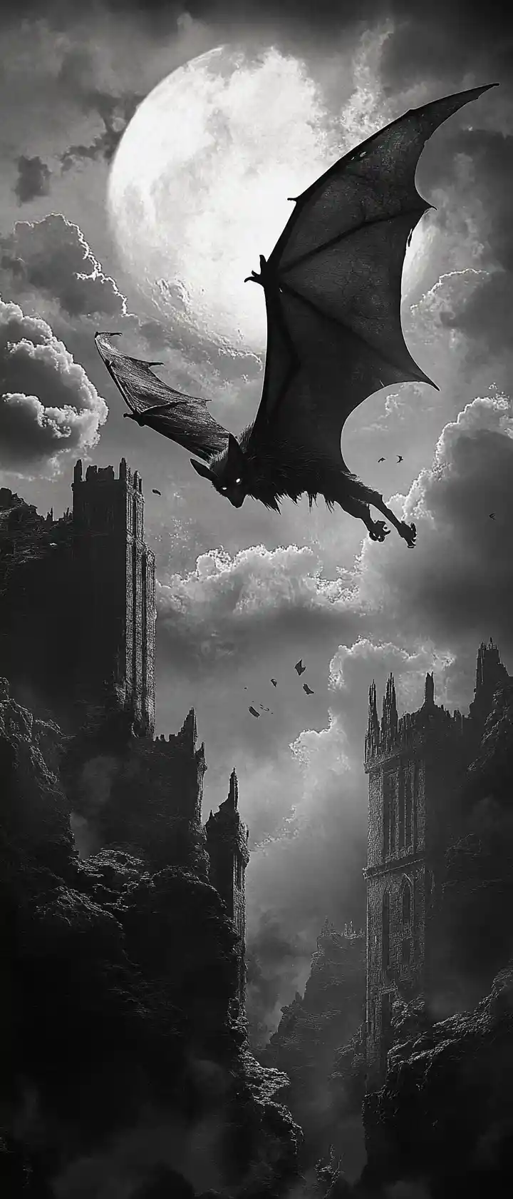 Chauve-souris planant au-dessus de ruines médiévales éclairées par la lune la nuit