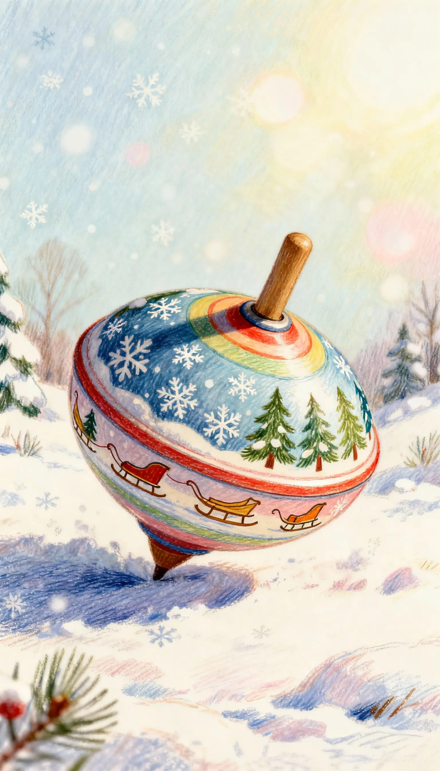 Vintage childrens spinning top with winter illustrations