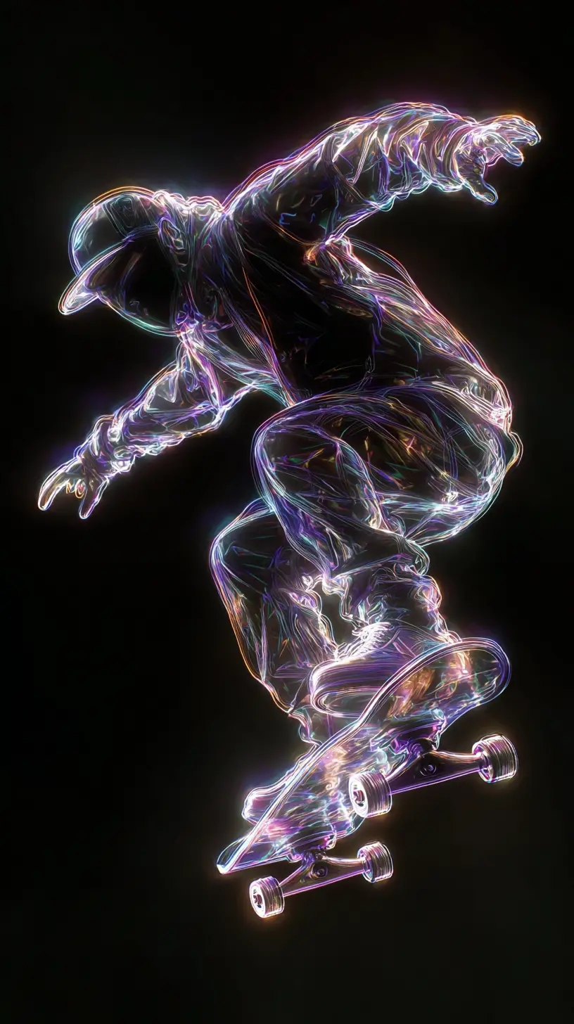 Neon skateboarder figure against a dramatic black background