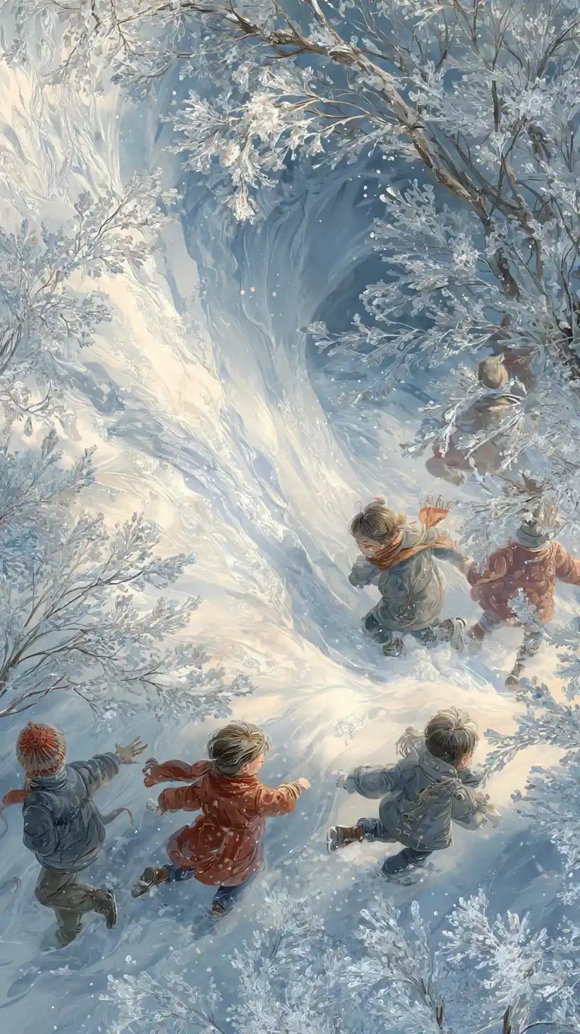 Children playing in a magical winter snowstorm illustration