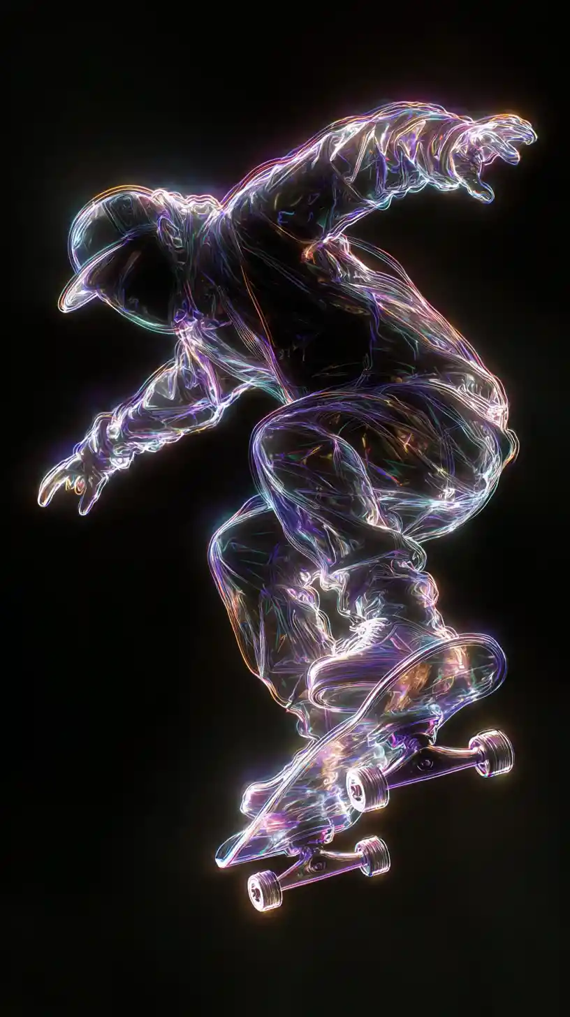 Neon skateboarder figure against a dramatic black background
