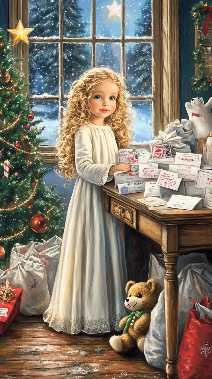 Christmas Girl At Magical Post Office With Letters And Toys
