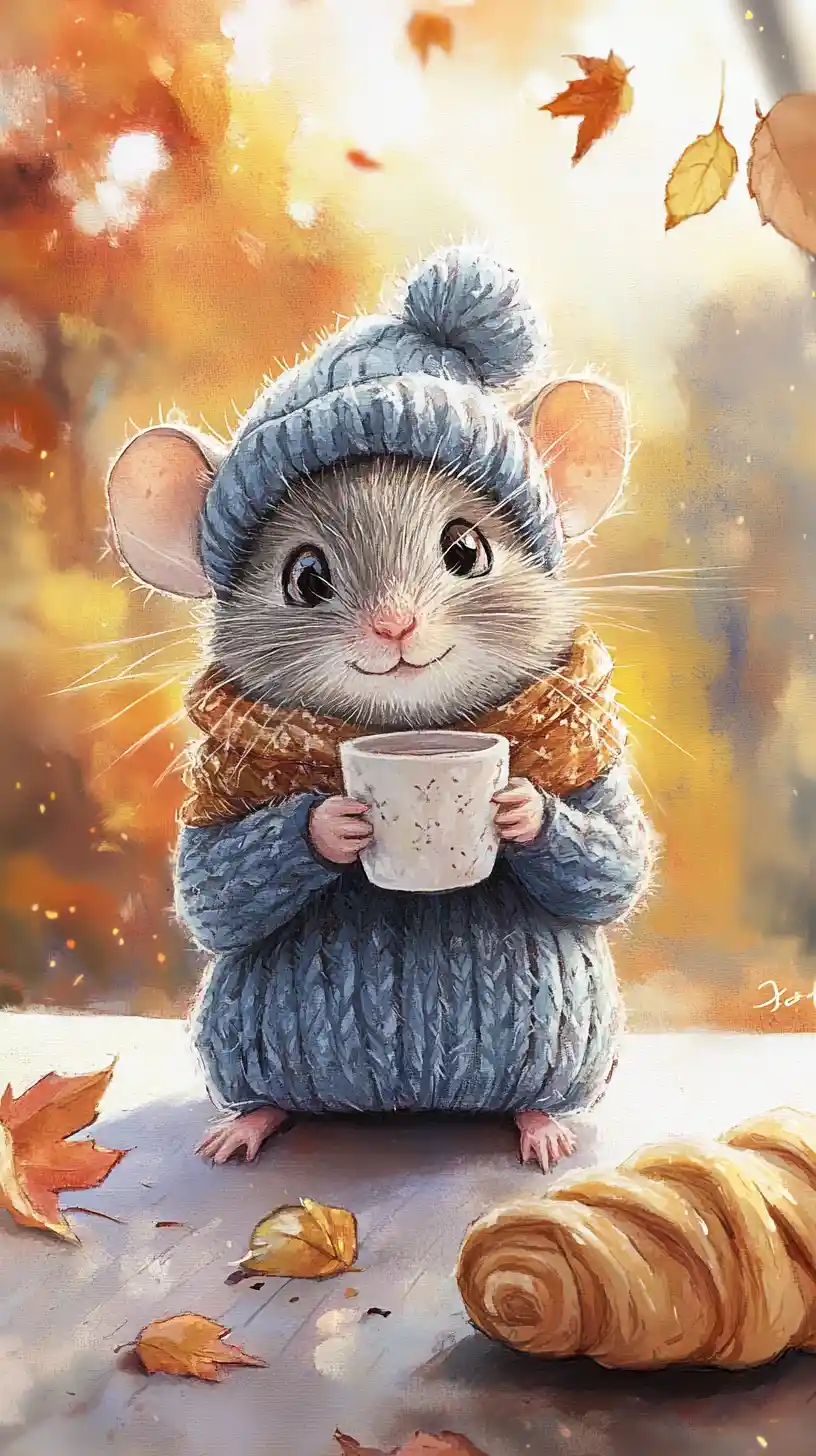 Cute autumn mouse in scarf and hat at table