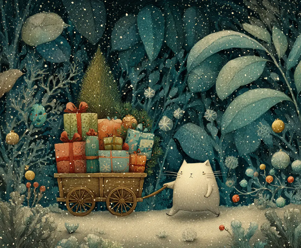 Chubby Cat Pushing Christmas Cart Through Snowy Forest