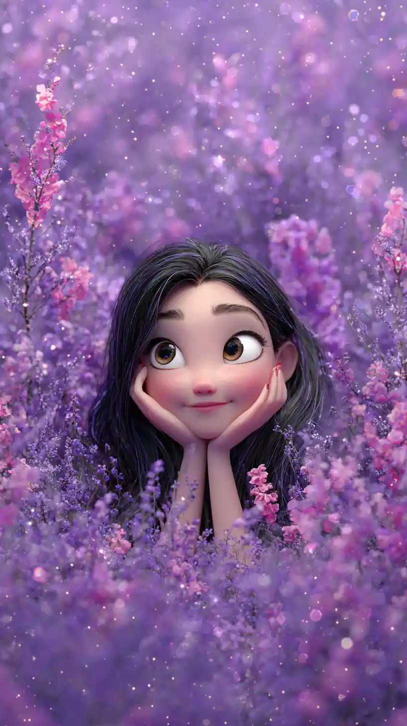 Young girl in lavender field with magical blossoms