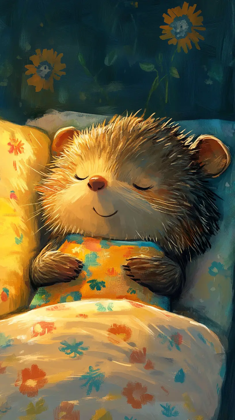 Cute mole sleeping in a cozy storybook bedroom illustration