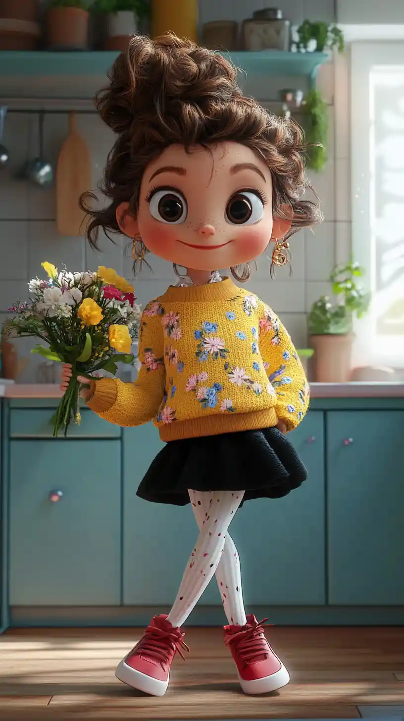 Cheerful girl balancing with flowers in cozy kitchen
