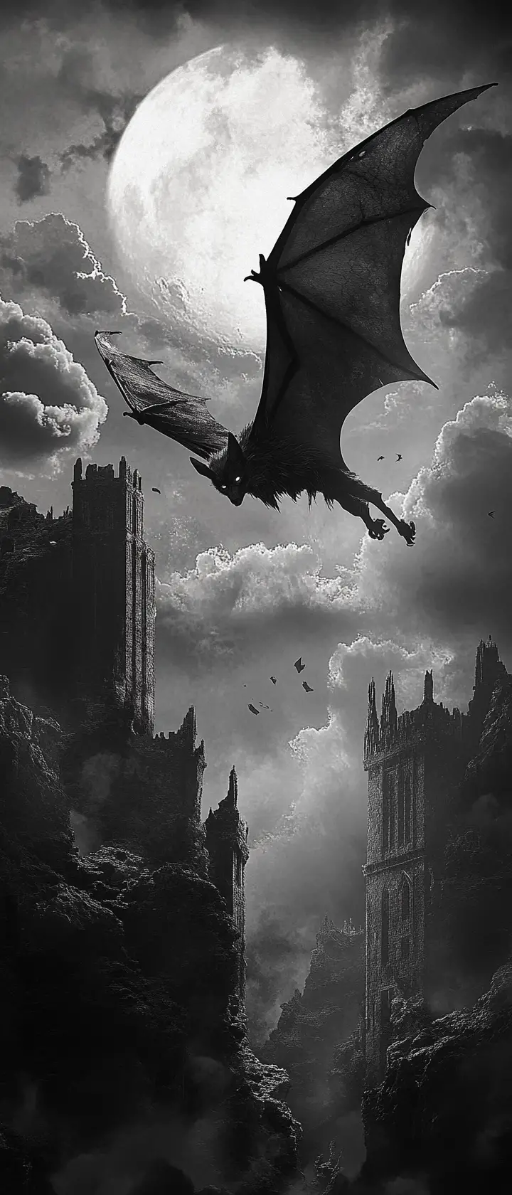 Bat Hovering Over Moonlit Medieval Ruins At Night