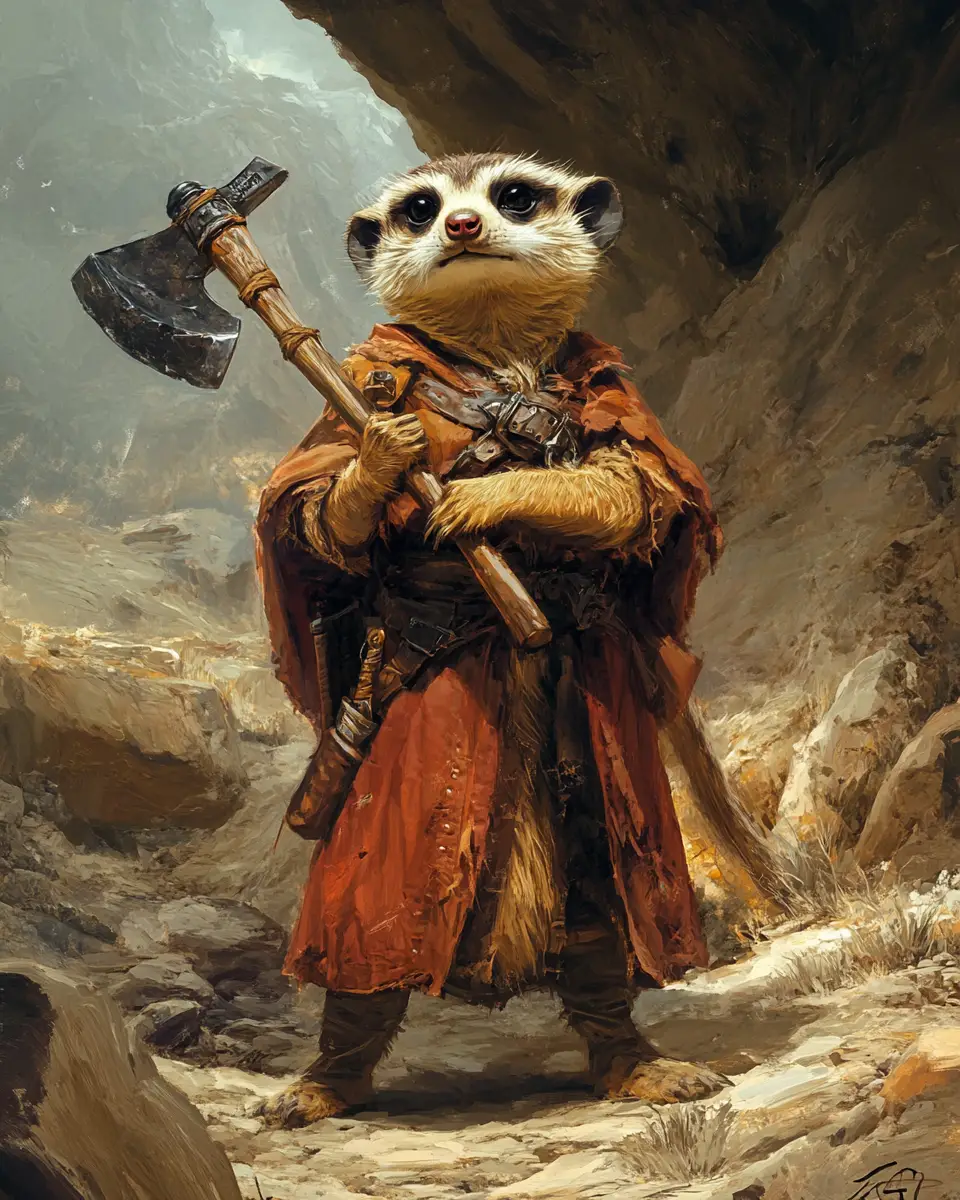 Fantasy meerkat dwarf with battle axe under the mountain