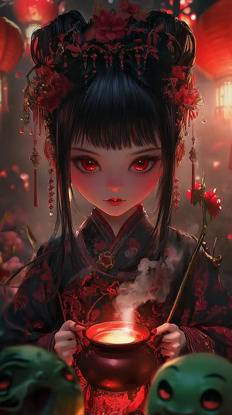 Young girl with red eyes brewing magic in forest