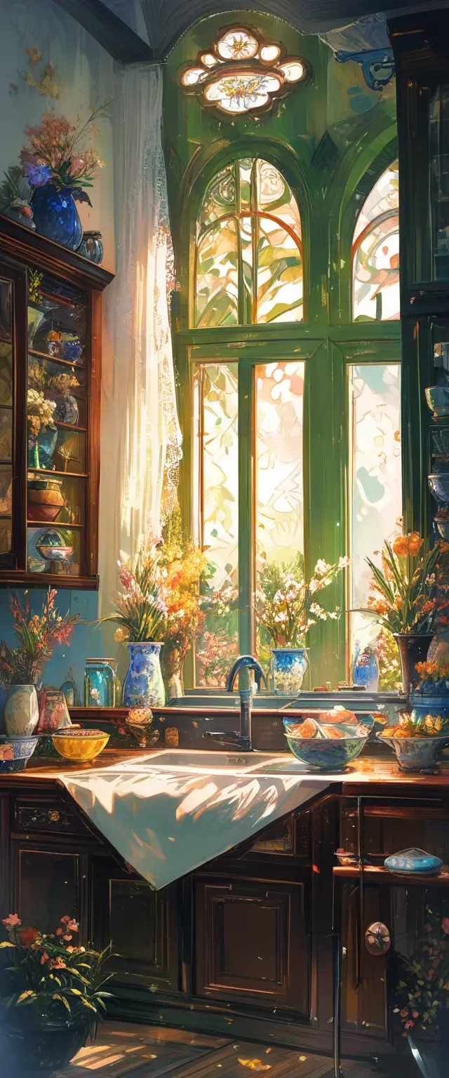 Country kitchen interior with sunlight and garden view