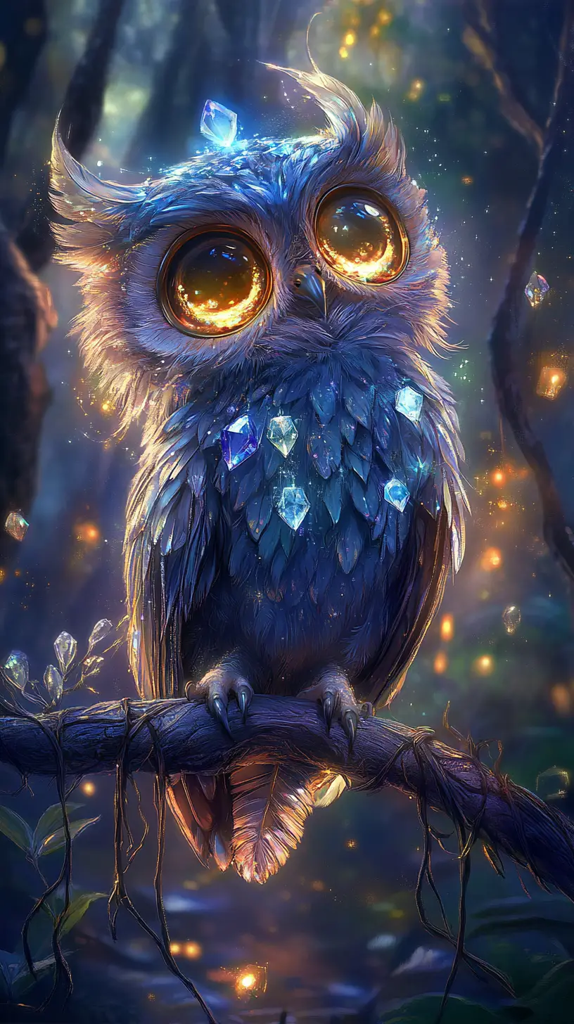 Baby crystal armored owl in a glowing fantasy forest