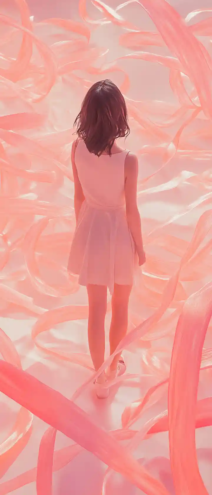 Anime girl in pastel ribbons of glowing pink light